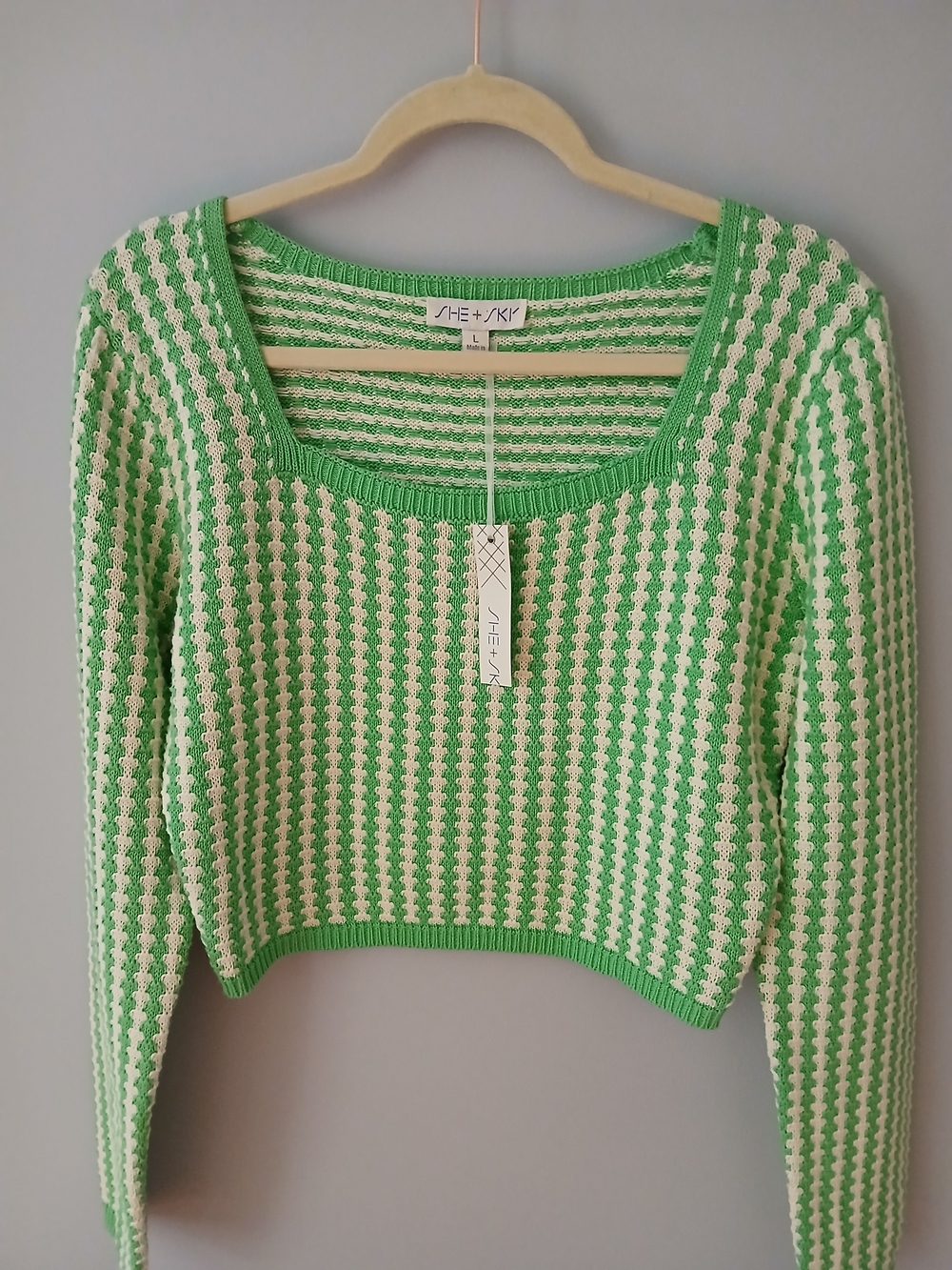 SHE + SKY Green & Cream Cropped Knit Sweater